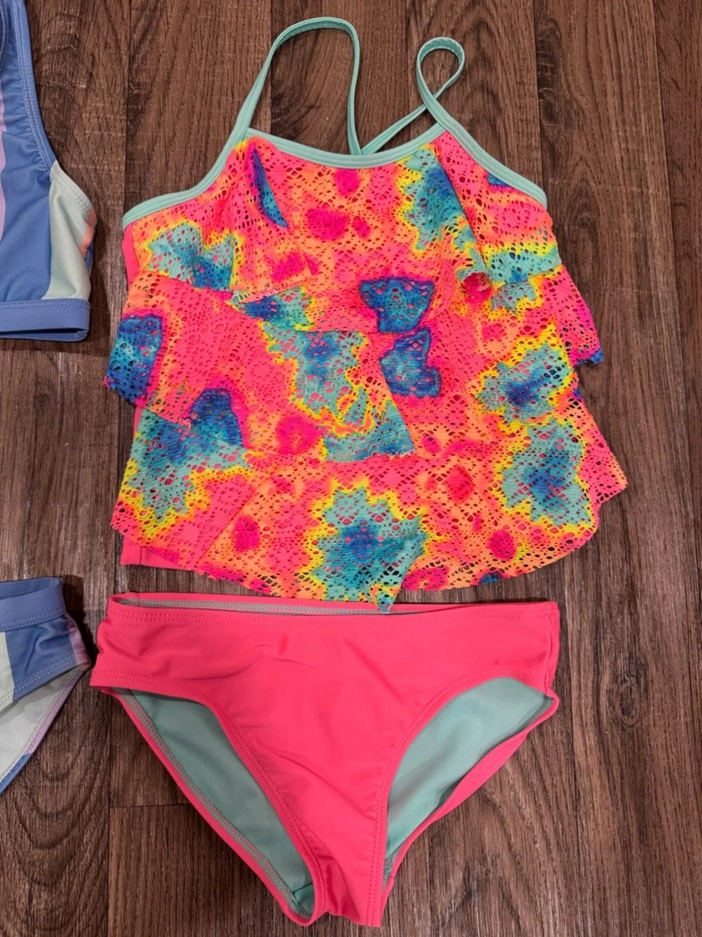 Lot of 3 Size 7/8 Swimsuits Pastel Tie-Dye, Mint & Neon Pink Girls Swim Tops